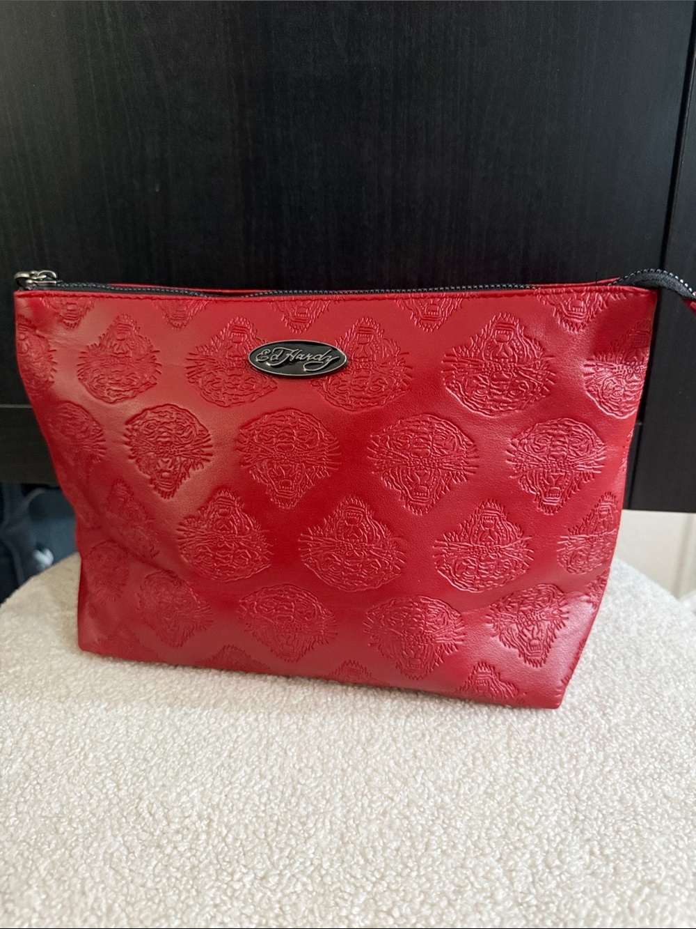Ed Hardy Red Embossed Zip Cosmetic Pouch